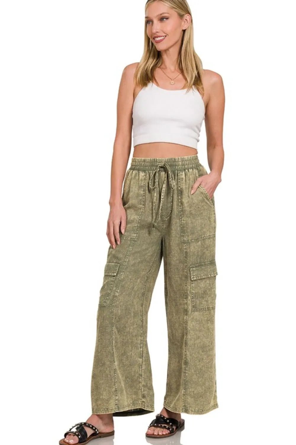 Zenana Washed Linen Elastic Band Waist Cargo Pants - Bela Fils BoutiqueBela Fils Boutique